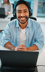 Image showing Business man, portrait and call center, communication or happy consultant on laptop for customer service in office. Face, smile and virtual chat, help or support of Asian agent or advisor on computer