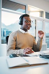 Image showing Call center, black man and consulting at computer for telemarketing, customer service and IT support. Salesman, CRM communication and help desk for telecom advisory, FAQ contact and online questions