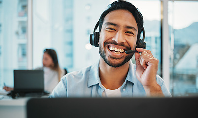 Image showing Man, happy portrait and call center, business communication, customer service and contact us in office. Face, smile and Asian consultant laugh in virtual chat, helping or online support on a computer