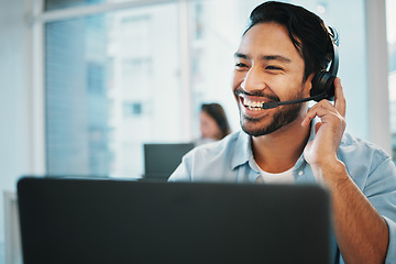 Image showing Business man, happy call center and computer for communication, technical support and online advice. Professional Asian agent, consultant or advisor on laptop for information technology or funny chat