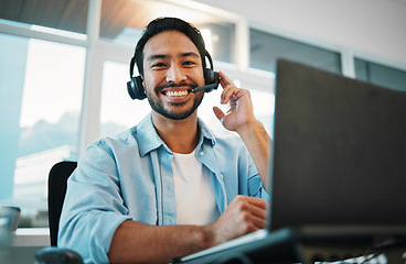 Image showing Call center, portrait and man, consultant or business agent speaking on computer for technical support and advice. Happy advisor talk on headphones, laptop and virtual help for information technology