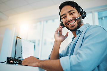 Image showing Business man, portrait and call center, consultant support, .customer service or communication for e commerce. Happy face of agent or asian advisor on computer with website solution and virtual chat