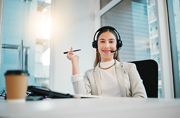 Image showing Call center, customer support and portrait of woman at desk for consulting, network and online help in office. Telemarketing, communication and happy worker smile for CRM business, service and sales