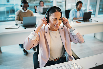 Image showing Business woman, call center and headphones to start communication, ready for customer support and virtual chat. Professional agent, consultant or advisor speaking, helping and working in tech office