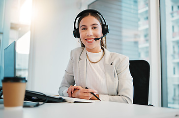 Image showing Business woman, portrait and call center, communication or consultant support in e commerce or customer service. Happy, face and professional agent or advisor for solution, help desk and virtual chat