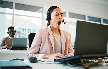 Image showing Call center, burnout and tired business woman yawn in office consulting for crm, contact us or customer service. Telemarketing, fatigue or exhausted lady consultant sleepy, low energy or bored by faq