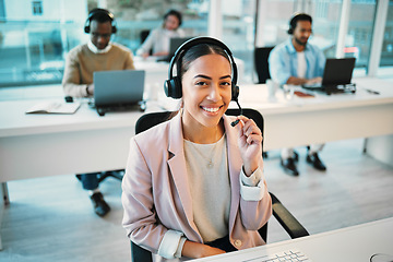 Image showing Woman consultant, portrait and call center communication, business contact and e commerce or customer support. Happy, face and professional agent or advisor with headphones for advice or virtual help