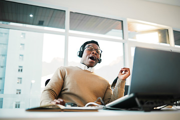 Image showing Burnout, call center and tired business man yawn in office consulting for crm, contact us or customer service. Telemarketing, fatigue or exhausted male consultant sleepy, low energy or bored by faq