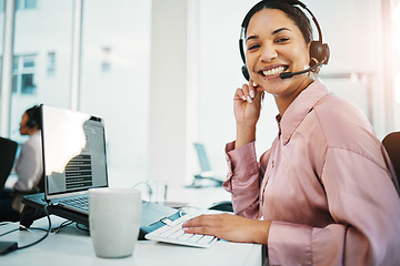 Image showing Call center, smile and portrait of woman at laptop for telemarketing, customer service and IT support. Happy agent, CRM communication and computer for telecom advisory, FAQ contact and help questions