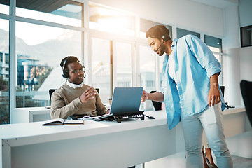 Image showing Call centre, businesspeople and training by headset in office for customer service on laptop. Diversity, man or boss for talk, strategy or collaboration on internet, dashboard or web with discussion