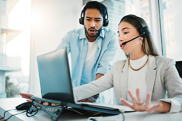 Image showing Call center, training with manager and laptop, help with CRM process for customer service and telecom. Working together, team and coaching with people in office, telemarketing and advice with support