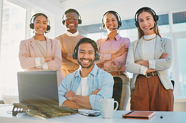 Image showing Team, portrait and call center consultant group with arms crossed, contact us with headphones and help desk. Professional people smile, diversity and customer service with support, trust and advice