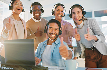 Image showing Teamwork, portrait and call center people with thumbs up, contact us with headphones and help desk. Consultant group with hand gesture, diversity and customer service with support, trust and advice