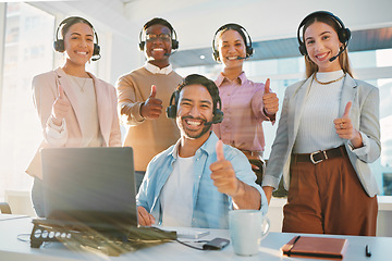 Image showing Team, portrait and call center people with thumbs up, contact us with headphones and help desk. Consultant group with hand gesture, diversity and customer service with support, trust and advice