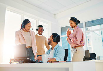 Image showing Call center, teamwork or happy for target with support, collaboration and customer service in office. Telemarketing, men and women or employee with excited face for communication and learning at work