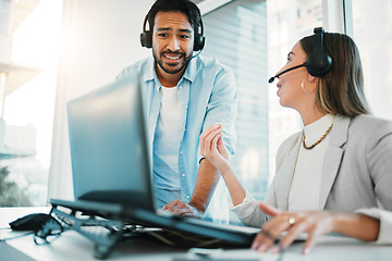 Image showing Call center, training with manager and headphones, laptop and help with CRM process, customer service and telecom. Working together, team and coaching with people in office, telemarketing and advice