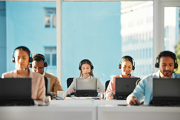 Image showing Woman, call center team and consulting at laptop in telemarketing, customer service or IT support in coworking agency. CRM group at computer for online questions, telecom advisory or FAQ at help desk