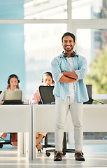 Image showing Happy asian man, portrait and call center with arms crossed in customer service, management or leadership at office. Male person, consultant or agent manager smile in confidence, contact us or help