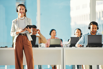 Image showing Portrait of happy woman, call center or team leader with tablet in customer service or telemarketing. Contact, sales or consultant agent coworking with smile or technology for online tech support