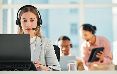 Image showing Call center, woman and agent at laptop for telemarketing, customer service or IT support in coworking agency. Sales consultant at computer for telecom questions, FAQ advisory and CRM contact at desk