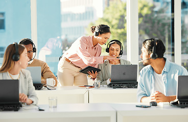 Image showing Call center, office training and people in computer for customer service, online review and consultant results. Business agency, e commerce manager and woman talking, support or web advice on laptop