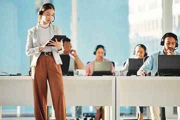 Image showing Woman, call center or manager networking on tablet in customer service or telemarketing. Coworking, help or sales consultant agent with headphones, leadership or technology for online tech support