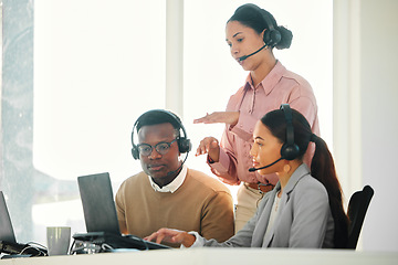 Image showing Call center, team training and people on computer for technical support, system management and online advice. Business mentor, consultant and manager talking, support and helping on laptop in office