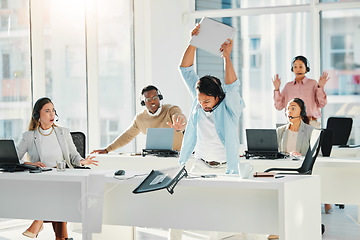 Image showing Anger, business and smash laptop with man, stress and frustrated with anxiety, crisis and damage. Person, employees and professional with a pc, mental health and breakdown with emotion and problem