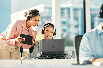 Image showing Call center, office training and women on computer for customer service, digital results and consultant feedback. Business agency or e commerce manager talking, support or advice on laptop and tablet