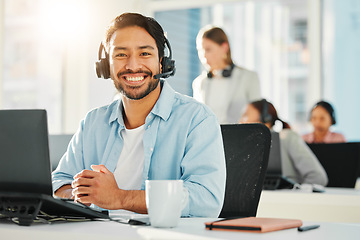 Image showing Call center, customer support and portrait of Asian man in office for consulting, networking and online help. Telemarketing, communication and happy worker smile for CRM business, service and sales