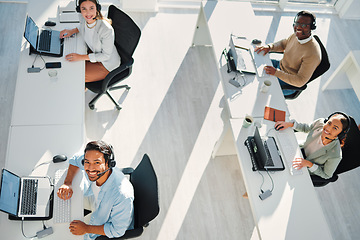 Image showing Telemarketing team, happy portrait and group in call center for customer service, IT support or FAQ in coworking agency from above. Diversity, sales people or smile for online consulting at help desk