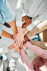 Image showing Teamwork, hands and support of business people in collaboration from above for integration, trust or winning. Closeup, partnership and team building for success, cooperation or achievement of synergy