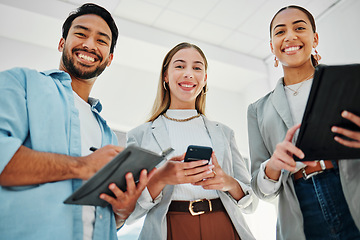 Image showing Business people, portrait and teamwork, planning or collaboration in notebook, tablet and phone for marketing ideas. Happy employees with digital technology, brainstorming notes and startup project