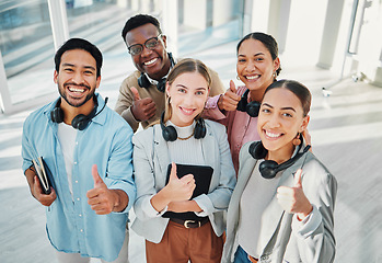 Image showing Business, internship and portrait of people with thumbs up sign in office building for job opportunity. We are hiring, recruitment and face of group with OK hand emoji for thank you, support or vote