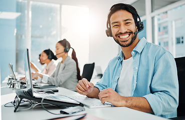 Image showing Call center, customer support and portrait of man on laptop for consulting, networking and online help in office. Telemarketing, communication and happy worker for CRM business, service and sales