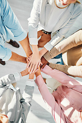 Image showing Teamwork, hands and business people in collaboration from above for support, circle of trust and winning. Closeup, partnership and team building for success, cooperation and synergy for achievement