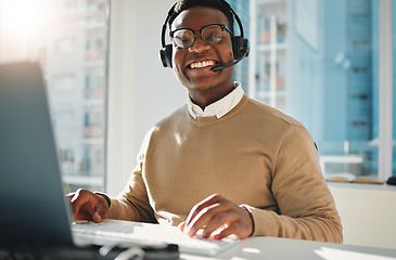 Image showing Customer service, call center and portrait of African man on laptop for consulting, contact and online help. Telemarketing, communication and happy worker smile for CRM business, service and sales