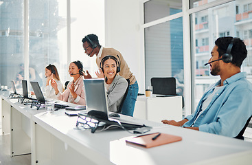 Image showing Call center, computer training and people or manager with technical support, system management and online learning. Business mentor, tech agency and consultant talking or helping on laptop in office