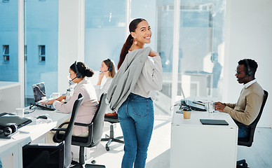 Image showing Walking, smile and portrait of woman in the office with positive, confident and good attitude. Happy, success and professional female manager checking on call center consultants in modern workplace.