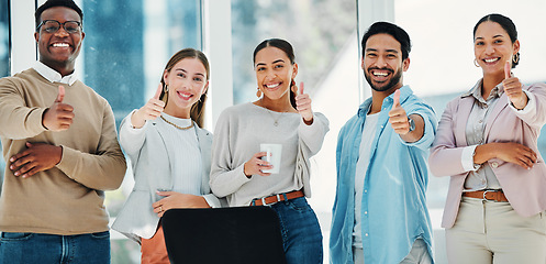 Image showing Smile, thumbs up and portrait of business people in office in collaboration for team building. Happy, diversity and group of professional creative designers with approval hand gesture in workplace.