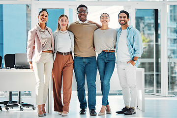 Image showing Smile, happy and portrait of business people in office in collaboration for team building. Unity, diversity and group of professional creative designers with confidence in modern workplace together.