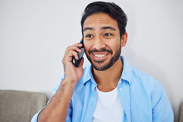 Image showing Phone call, waiting and man in the office for recruitment meeting with human resources for hiring. Discussion, professional and person on mobile conversation with cellphone sitting for job interview.