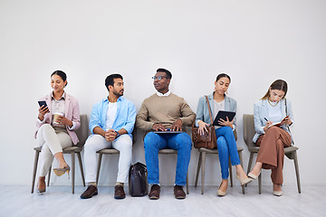 Image showing Job interview, recruitment and waiting room with business people networking or diversity for meeting. We are hiring, human resources and candidate group online in office for research, survey or info