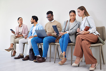 Image showing Creative people, technology and waiting room at office in row, networking or sitting for recruiting at office. Group of employees or team startup in line for hiring, teamwork or meeting at workplace