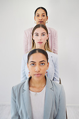 Image showing Portrait, serious and team of business people in row at corporate office. Face, group of employees in line and women, lawyers or workers together in collaboration, unity in cooperation or leadership