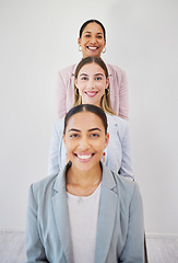 Image showing Portrait, leadership and team of business people in row at corporate office. Happy face, group of employees in line and women, consultants or workers together in collaboration, cooperation or success