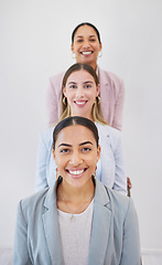 Image showing Portrait, business people and women with a smile, career and teamwork on a grey studio background. Face, happy group or staff with corporate professionals, cooperation and collaboration with startup