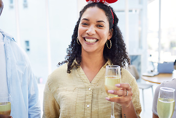 Image showing Woman, champagne and portrait with smile at Christmas, office party and celebration drink with cheers in group. Excited girl, xmas and glass for alcohol, sparkling wine and happy at event for holiday