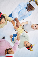 Image showing Business people, champagne and toast for Christmas, celebration and teamwork or achievement at staff party. Group of employees or friends with wine glasses for holiday, cheers and work culture above