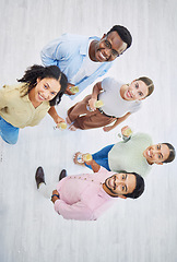 Image showing Top view, men and women smile on portrait in office, drink and celebration for success in company. Happy diversity coworkers, unity and confidence in solidarity, positive and together in workplace